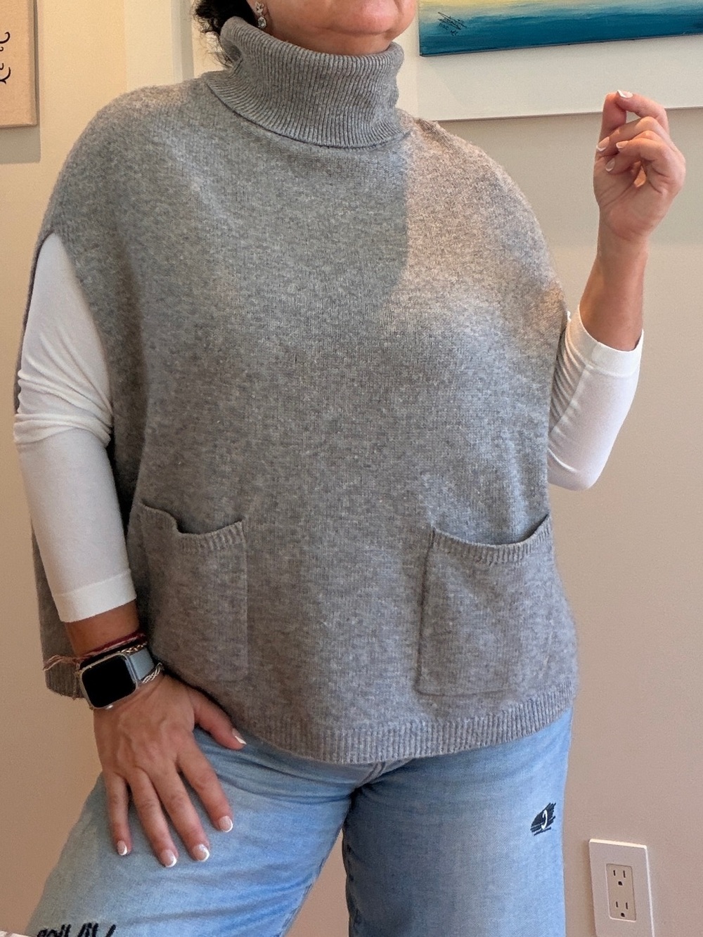 Tahari Gray Turtleneck Pocket Poncho Sweater